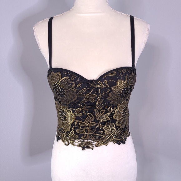 Unbranded Gold Black Floral Lace Embroidered Sexy Bustier Corset Crop Top SM - Picture 2 of 13